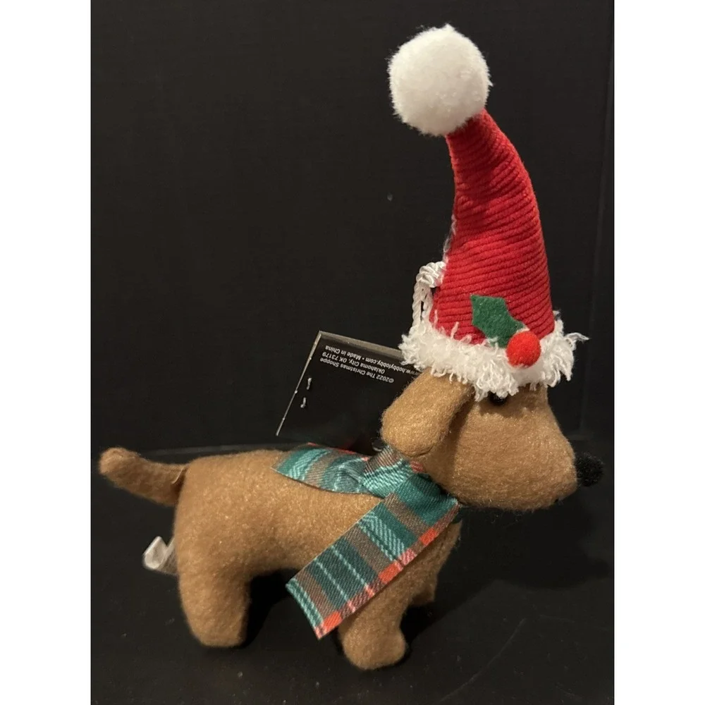 Dachshund Dog Puppy Holiday Christmas Ornament Red Santa‎ Hat Scarf Fabric NEW